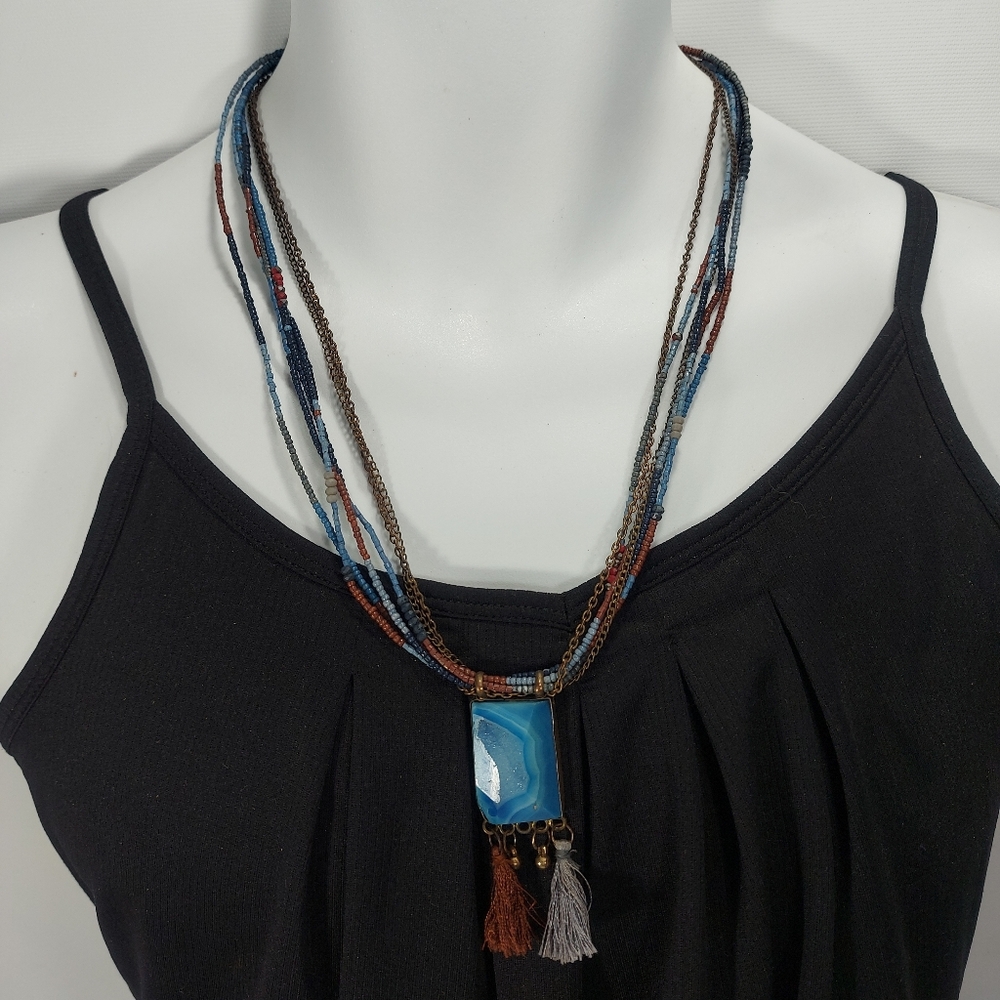Artisan Natural Geode Tassel Multi Strand Necklace Sky Blue Agate